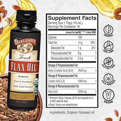 Barlean's Organic Flaxseed Oil Liquid from 7,640mg ALA 3 Fatty 8 oz