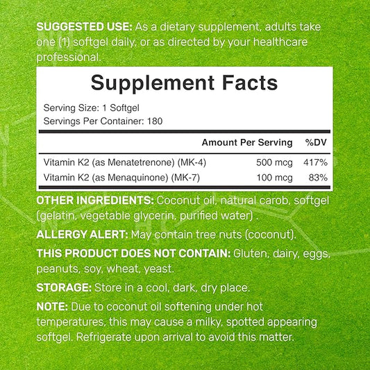Vitamin K2 Supplement 600mcg, 180 Virgin Coconut Oil Softgels (6 Month Supply) ??Full Spectrum MK-7 & MK-4 Forms, High Absorption, Triple Strength K Vitamins ??Bone, Joint, & Immune Support ??Non-GMO