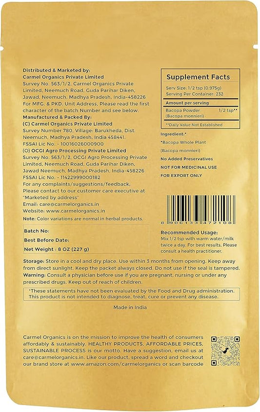 CARMEL ORGANICS Bacopa Monnieri/Brahmi Powder 8 Ounce 0.5 Lb/ 227 Grams(Pack 1) |