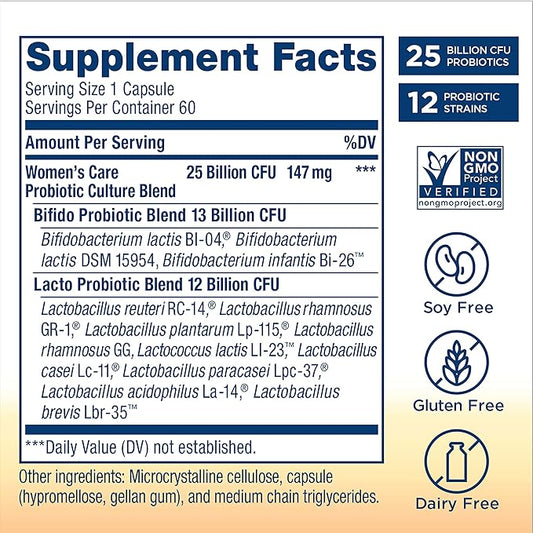 Renew Life Women's Probiotic Capsules, Supports pH Balance for Women, Vaginal, Urinary, Digestive and Immune Health, L. Rhamnosus GG, Dairy, Soy and Gluten-Free, 25 Billion CFU - 60 Ct