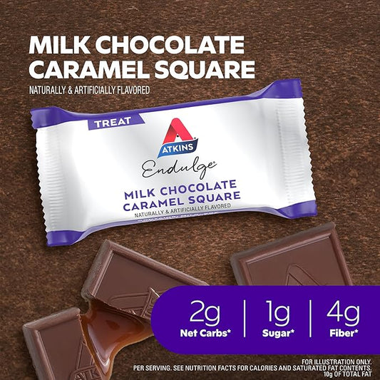 Atkins Endulge Milk Chocolate Caramel Squares, Dessert Favorite, Good Source of Fiber, 1g Sugar, 48 Count (16 Servings)