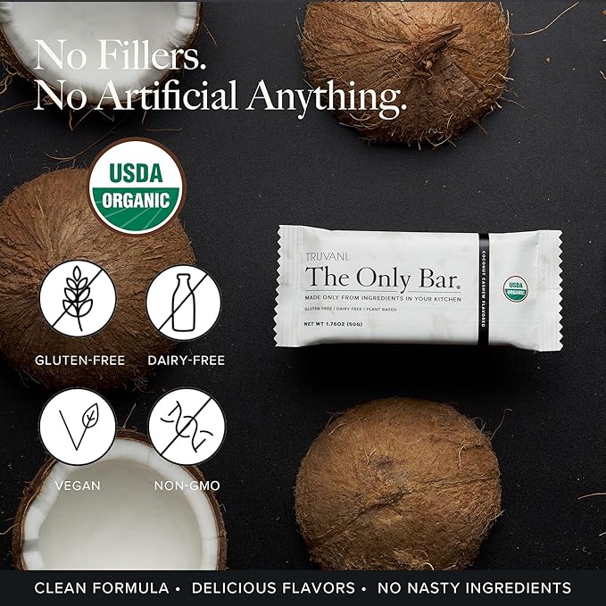 Truvani Plant Based Snack Bars | Coconut Cashew 1 Pack | 5g Protein | USDA Organic and Vegan | The Only Bar | Dairy, Soy, and Gluten Free | Individually Wrapped