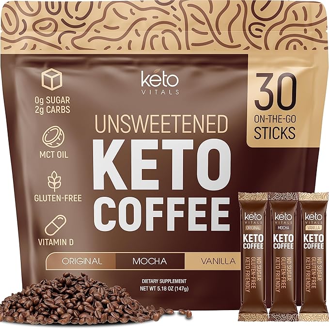 Keto Vitals Instant Keto Coffee Powder - Low-Calorie Unsweetened Instant Coffee Packets, Single Serve - Keto Coffee Instant Mix in Original, Vanilla, & Mocha Flavors - 30 Count