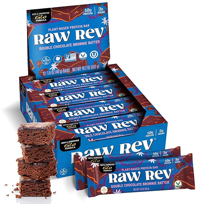 Raw Rev Vegan High-Protein Bars, Double Chocolate Brownie Batter, 10g Plant Protein, 12g Fiber, Non-GMO, 1.6 Oz, 12 Count (Pack of 1)