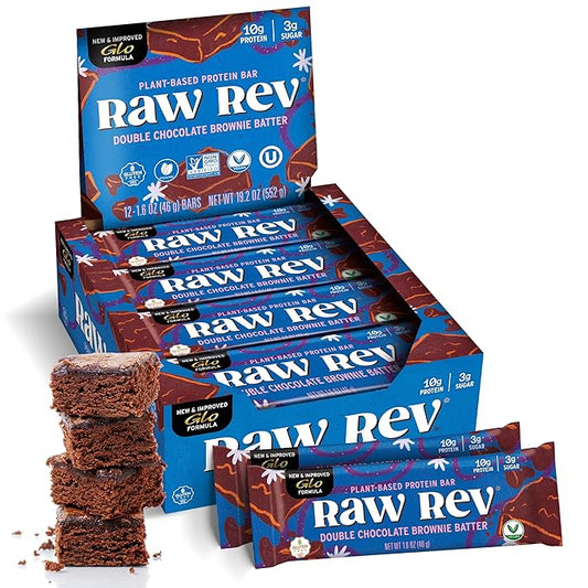 Raw Rev Vegan High-Protein Bars, Double Chocolate Brownie Batter, 10g Plant Protein, 12g Fiber, Non-GMO, 1.6 Oz, 12 Count (Pack of 1)