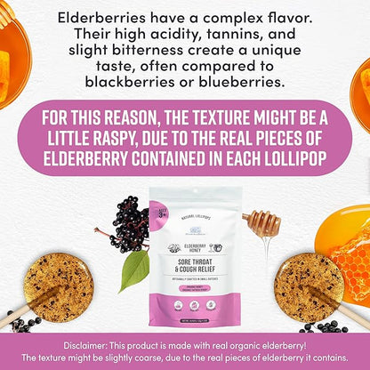 MommaBear Organics Handcrafted Kids Cough Lollipops – Natural Sore Throat Relief & Cough Drop Suckers for Kids 3+ – Elderberry Bits, Honey & Organic Flavors – Tightly Sealed for Freshness - 10 Count