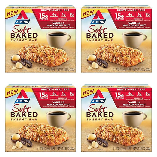Atkins Soft Baked Vanilla Macadamia Nut Meal Bars, 15g Protein, 4 Packs (20 Bars); Chocolate Almond Caramel Bars, 5 Count