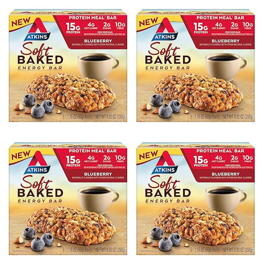 Atkins Soft Baked Energy Bars, Blueberry, 15g Protein,2g Sugar, Excellent Source of Fiber, Low Carb, 4 Packs (5 Bars Each) & Chocolate Almond Butter Protein Meal Bar, Keto Friendly, 5 Count
